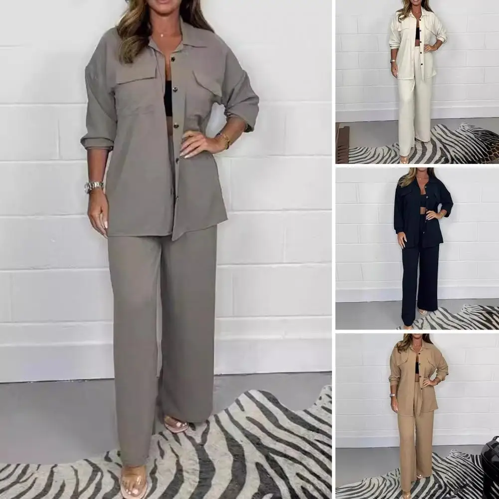 Solid Color Two-piece Suit Versatile Women's Shirt Pants Set Stylish Lapel Blouse Wide Leg Trousers for Daily Wear Comfortable