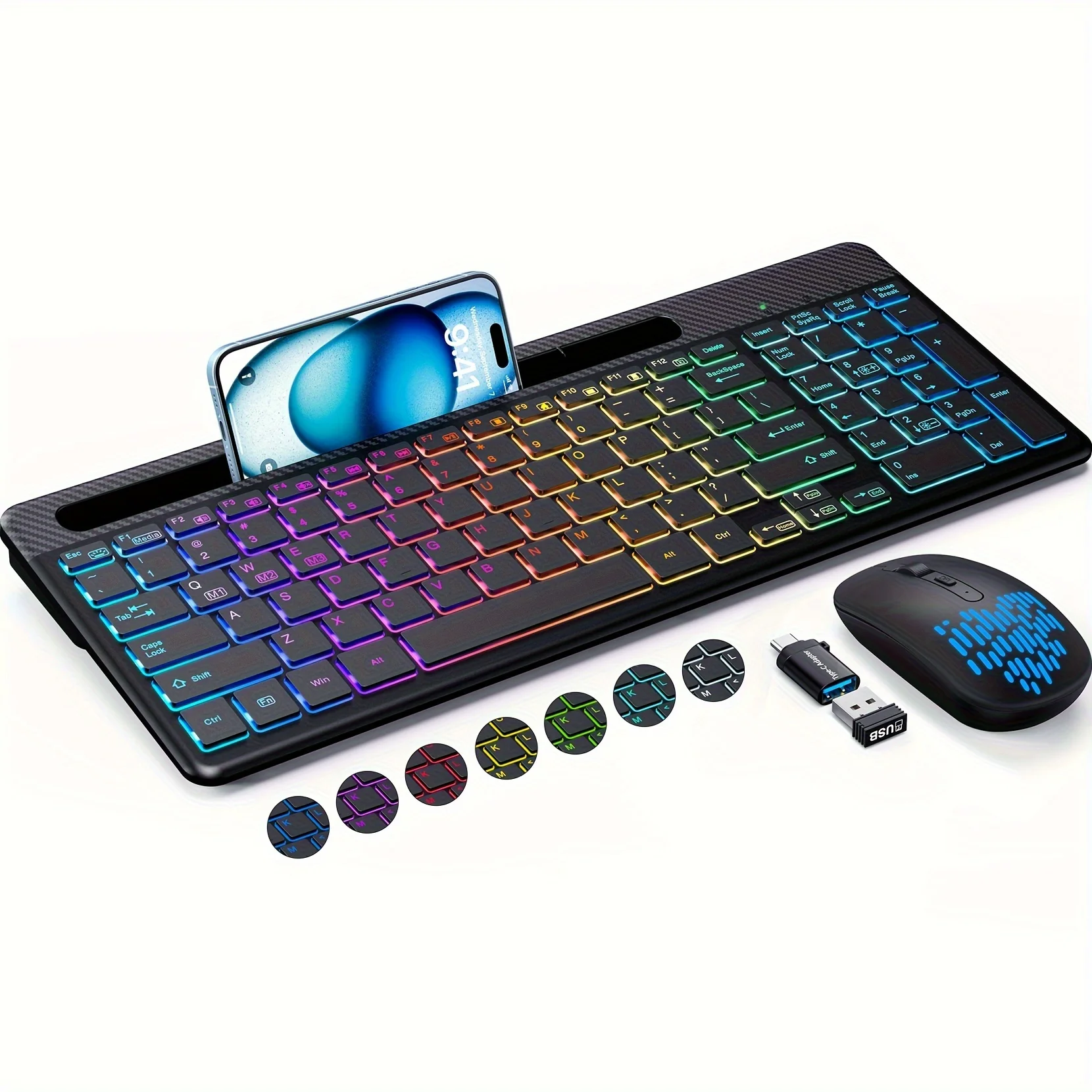 

Wireless Keyboard And Mouse, With 15 Backlit Effects, Rechargeable Wireless Keyboard Mouse Combo With Phone/Tablet Holder, 2.4G