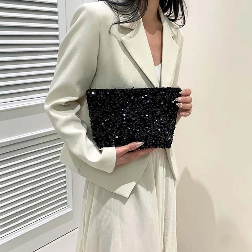

Square PU Leather Sequins Clutch Pouch Y2K Sweet Large Capacity Banquet Bag White Elegant Women Shiny Handbag Work