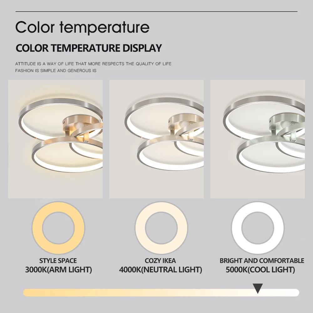 Design de três anéis, instalação semi-embutida moderna, luz de teto de iluminação LED de anel interno