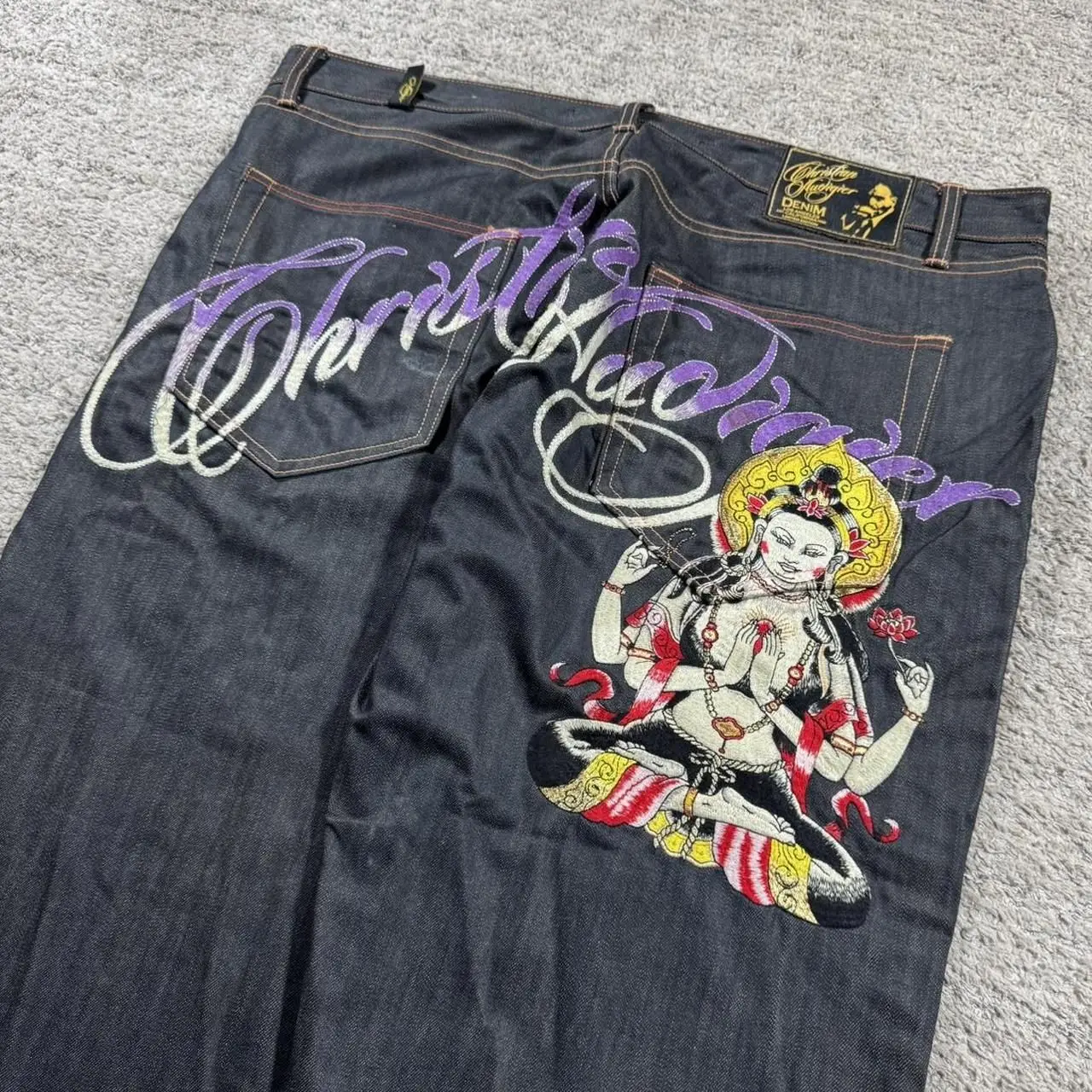 Y2K-pantalones vaqueros de pierna ancha relajados, diseño bordado de Buda, estilo callejero, vaqueros con estampado de pierna recta de cintura alta inspirados en Harajuku