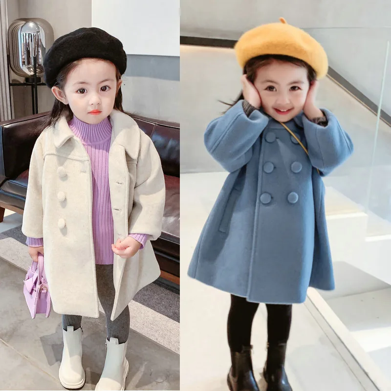 Korean version of foreign style children's coat winter medium and long girls' padded thickened double-breasted tweed coat