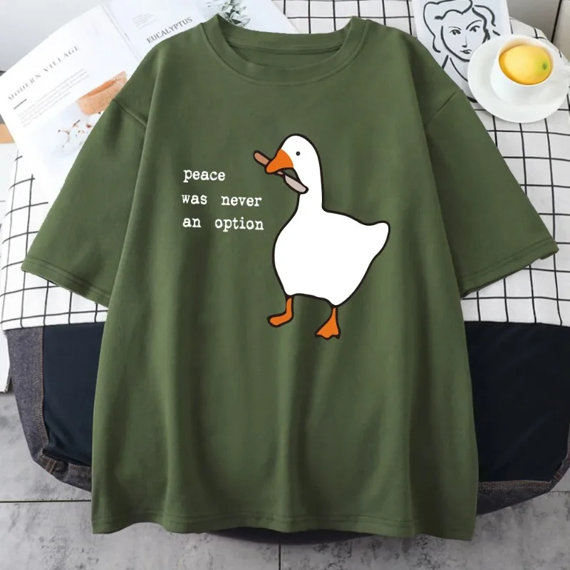 Peace Was Never An Option Letter Printed Men Cotton T-shirt Creative Duck Print Men\'s Tshirt Fashion Casual Loose Couple T-shirt