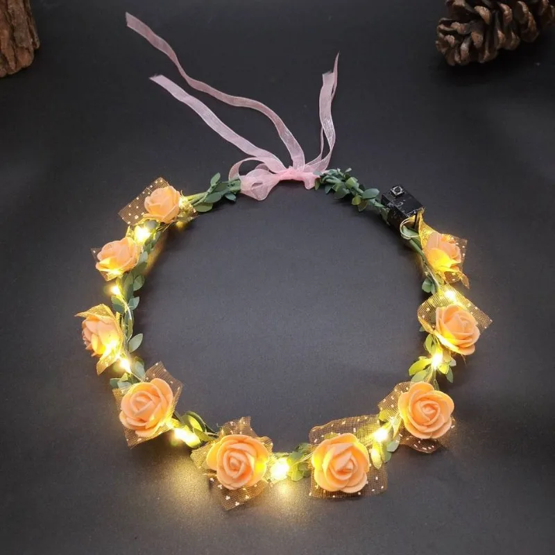 Festive Garland Forest Women's Rattan Rose Luminous LED Flower Wreath Headband Hair Accessory