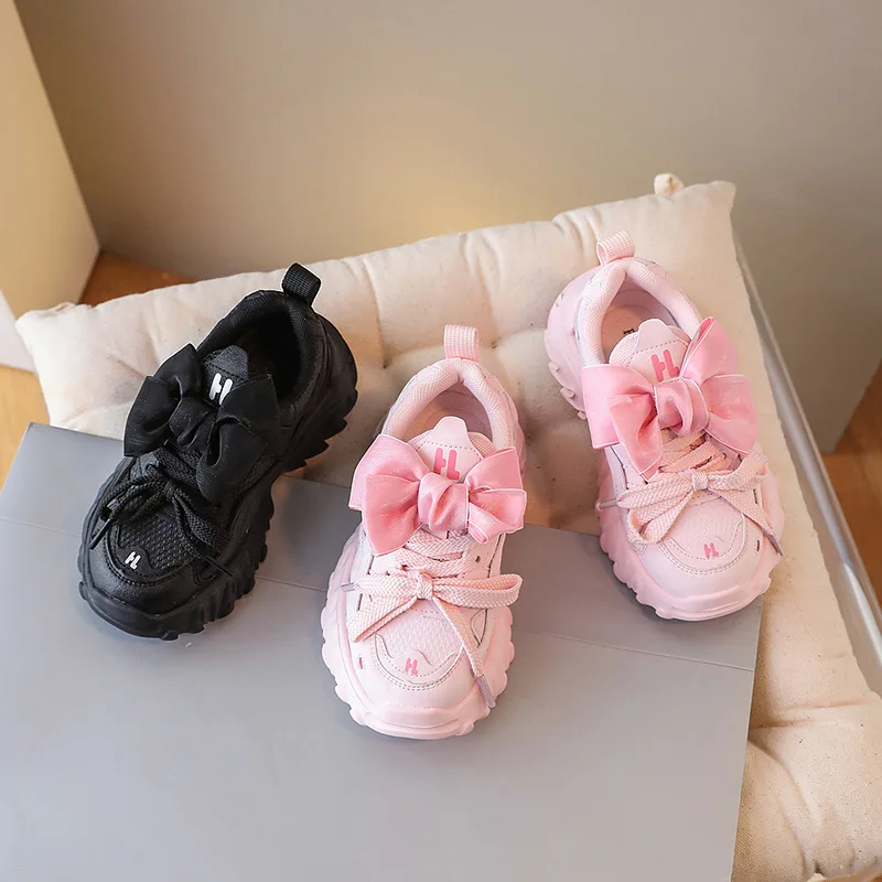 Baskets épaisses respirantes à semelle souple avec nœud papillon pour enfants, chaussures de sport pour enfants, baskets de course pour filles, bébé, marque de mode, automne, 2023