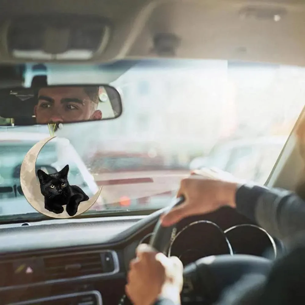 1pcs Cute Little Black Cat Lying On The Moon Hanging Ornament Cartoon Cute Pendant Car Bag Keychain Pendant Car Ornaments - view 4