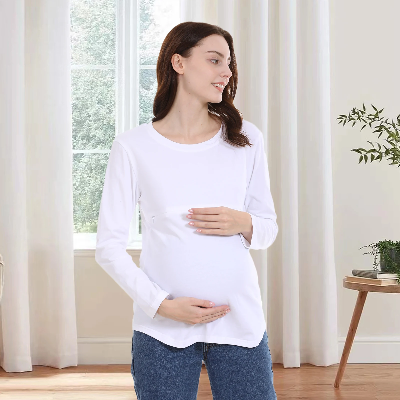 Ropa de maternidad, camiseta de manga larga para amamantar, camiseta de lactancia con cremallera Horizontal, Top de lactancia de algodón de talla grande para primavera y otoño