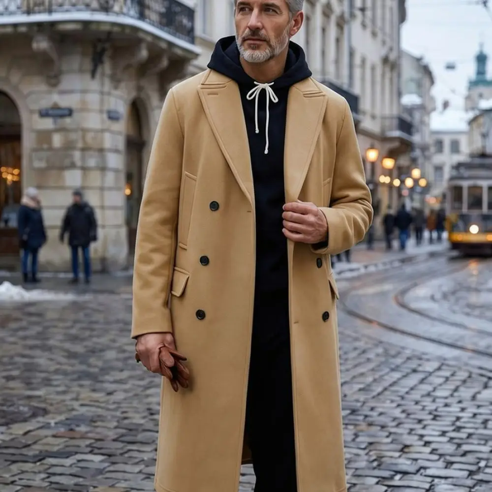 Mens Thick Woolen Trench Coat Winter Double Breasted Lapel Mid Length Slim Fit Jacket Casual Business Overcoat