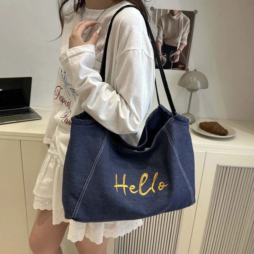 

Портативная джинсовая синяя большая сумка в корейском стиле с вышивкой букв, дорожная сумка на плечо из полиэстера с магнитной кнопкой