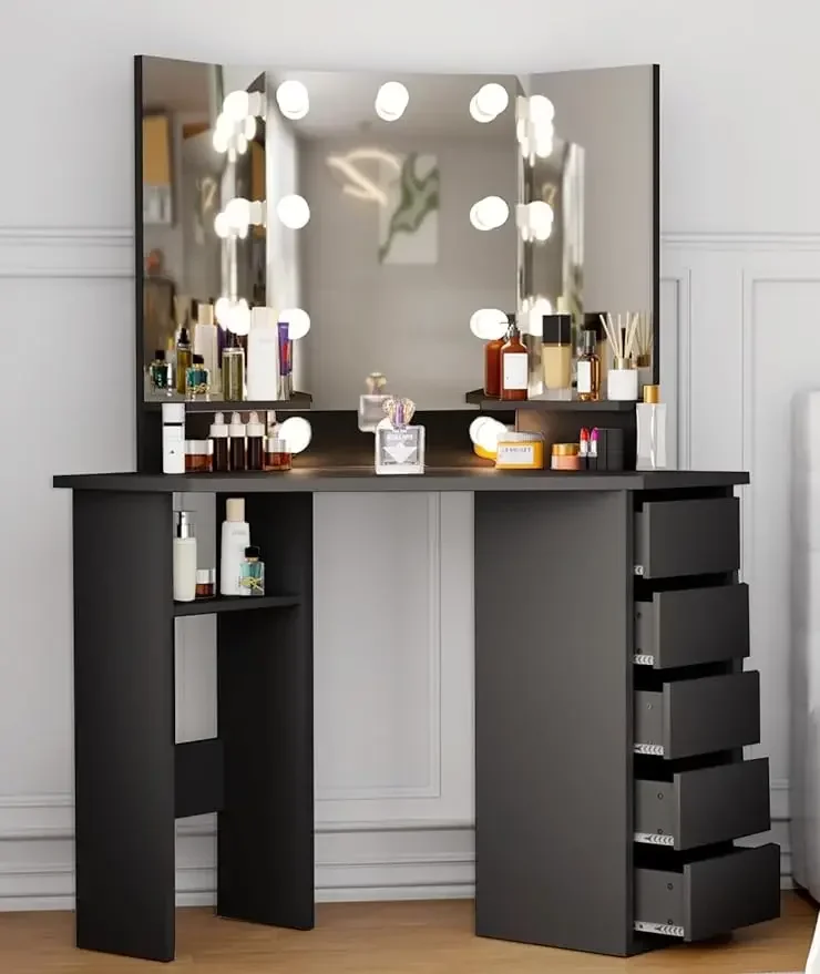 Corner Vanity Desk, Black Makeup Vanity with Lights, Bedroom Small Vanity Table with Lighted Mirror, Makeup Desk with Drawers