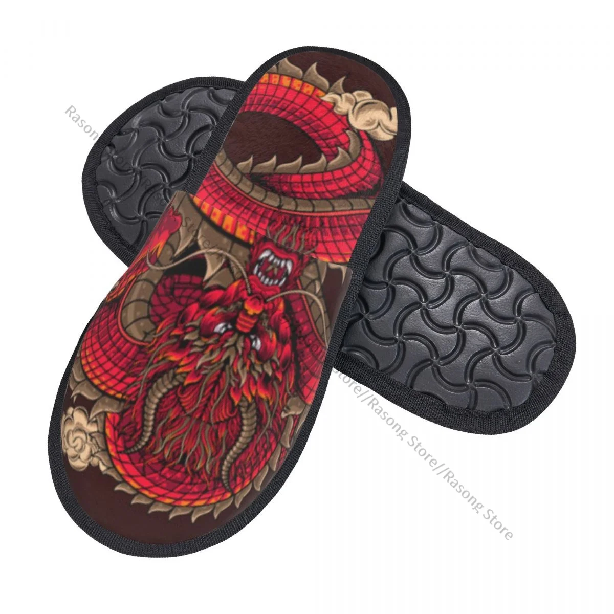 Winter Women Men Non-Slip Flat Slippers Dragon With Cloud Indoor Fur Soft Warm Shoes