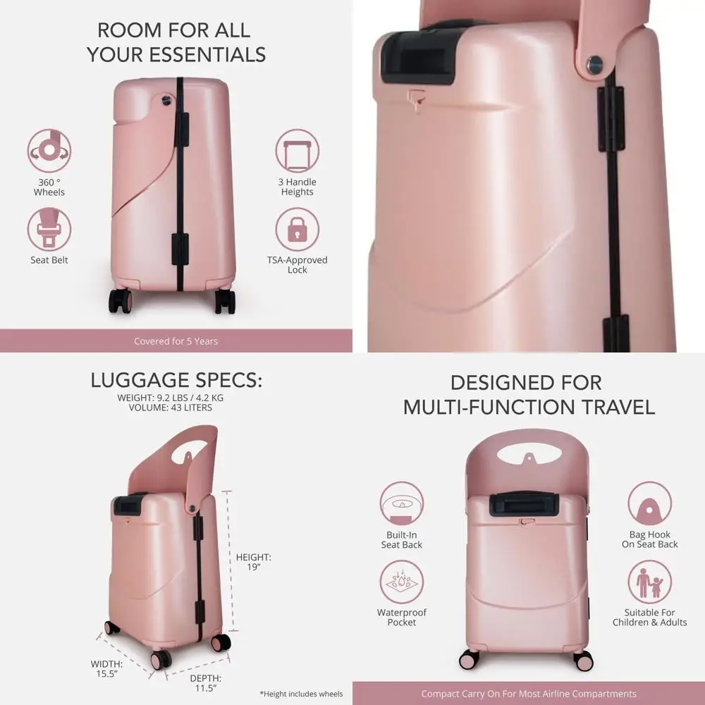 

4-Wheel Kids' Luggage with Seat, Seat Belt, Waterproof Pocket, Adjustable Handle, 43L Capacity, Dusty Pink