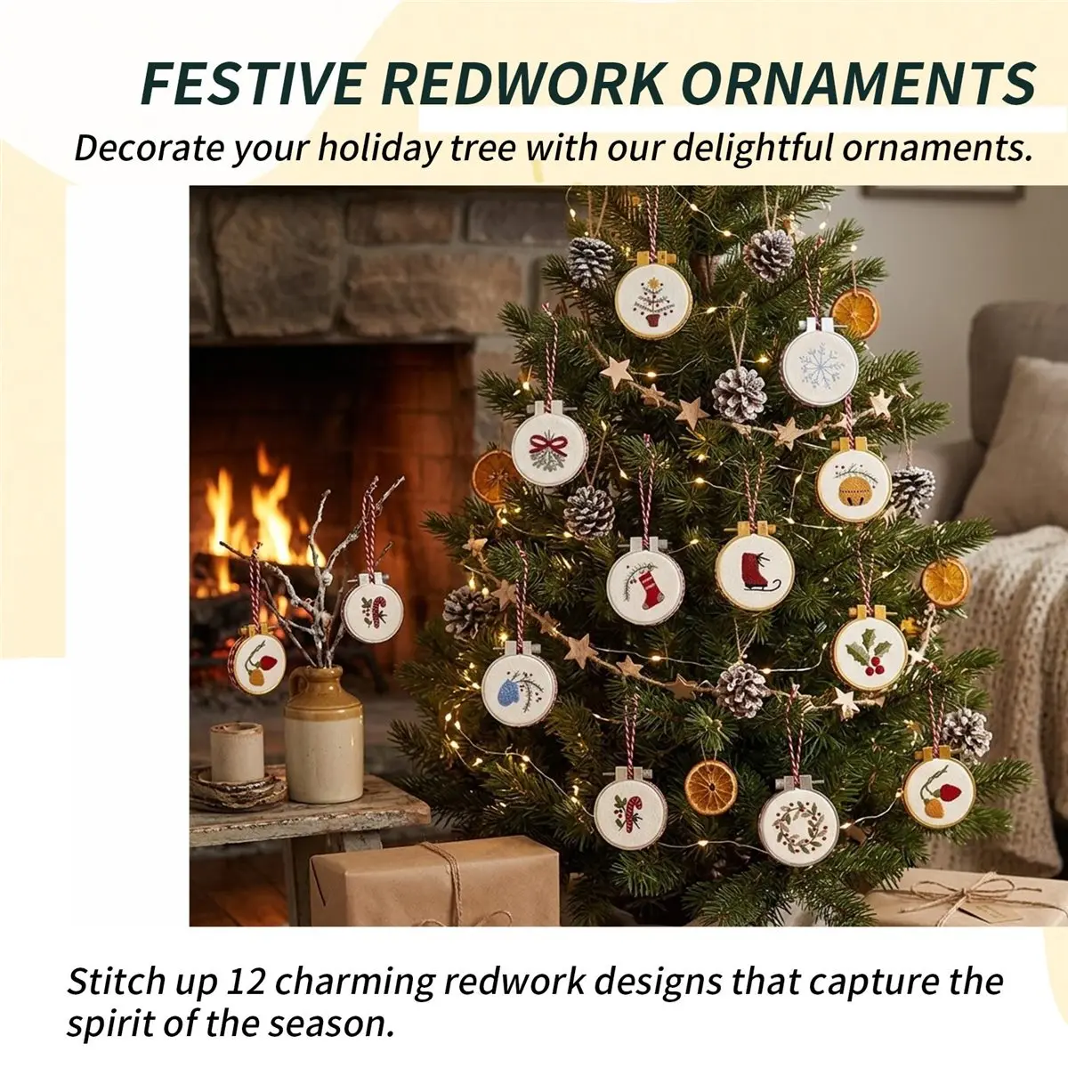 finefine Jolly and Bright Hand Embroidery Ornaments Kit,Christmas Embroidery Kit,Festival Ornament Kits