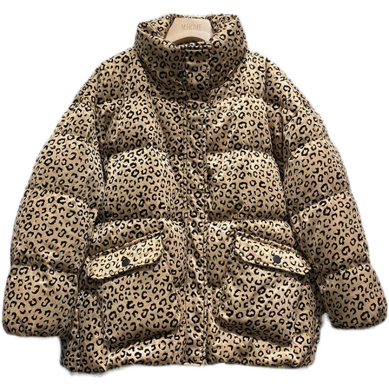 2022 mais novo de luxo inverno solto ajuste puffer jaqueta feminina leopardo impressão curto casual zíper engrossar quente 90% pato branco para