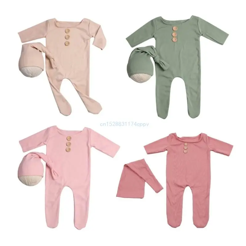 

2Pcs/Set Newborn Baby Long Romper Jumpsuit with Knotted Hat Buttons Solid Color Infant Coverall Photo Photography Prop Dropship