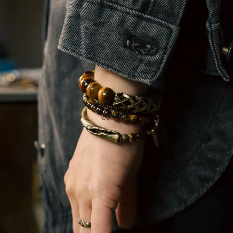 H Gelang Multi Lapis Batu Mata Harimau Kuning Retro Kit Perhiasan Gelang Ceruk Serbaguna Kepribadian Pria