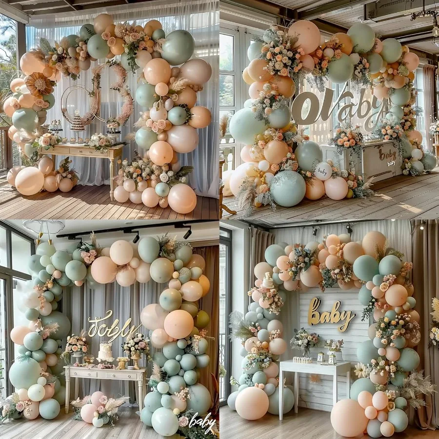 Pink and Dusty Green Balloons 50Pcs 12 Inch Brown Nude Boho White Balloons with Ribbon for Girls Women Birthday Bridal Shower W