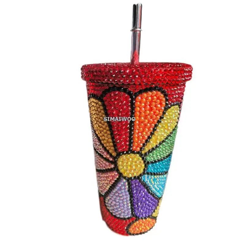 

Sun Flower Straw Cup Stainless Steel Fruit Juice Vaccum Christmas DIY Handmade Rhinestone Tumbler Popular Bling Water Bottle