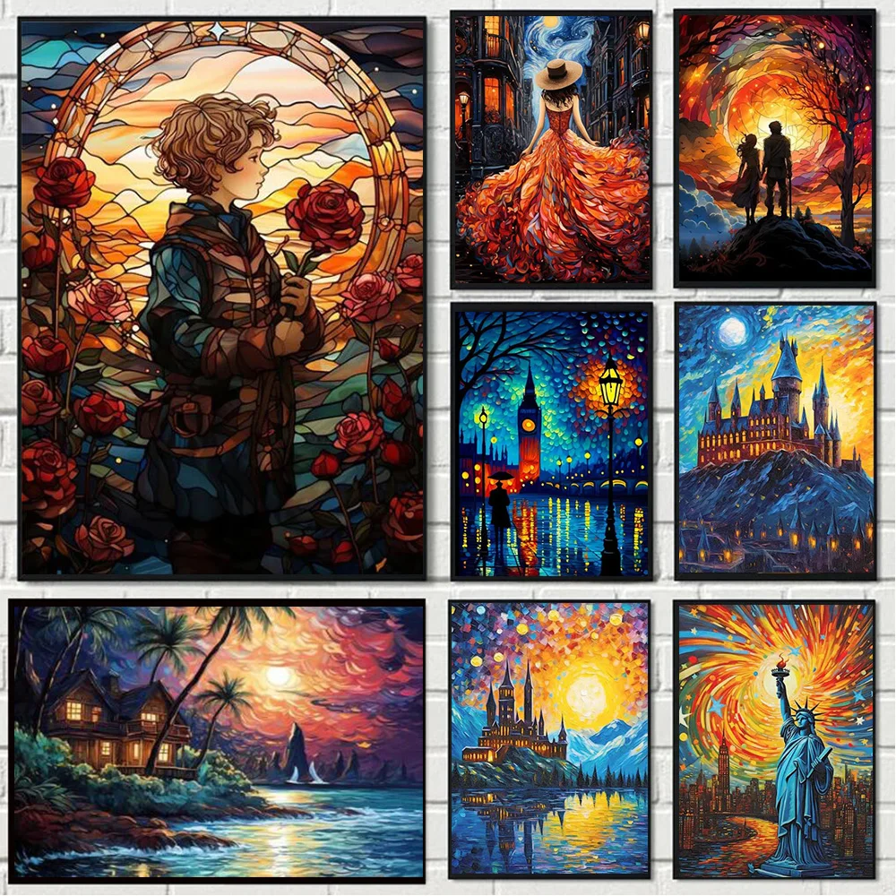 DIY 5D Colorful Landscape Couple Diamond Painting Full Drill Boy With Rose Mosaic Embroidery Cross Stitch Poster Home Decor Gift