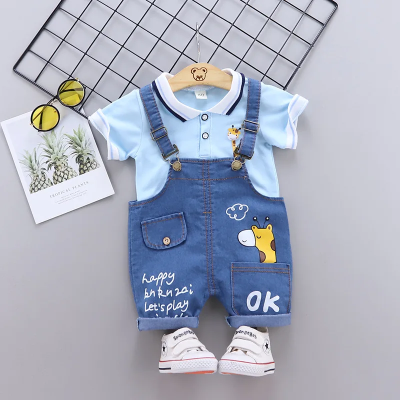 Trendy Little Kids T-shirt with Denim Suspender Pants Set Toddler Casual Two-piece Boys Cartoon Pure Cotton Short-sleeve Shorts