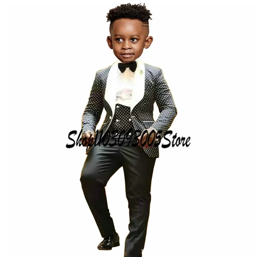 

Boys Polka Dots Suit 3 Piece Formal Jacket Pants Vest Business Style Kids Blazer Party Pants Set costume enfant garçon