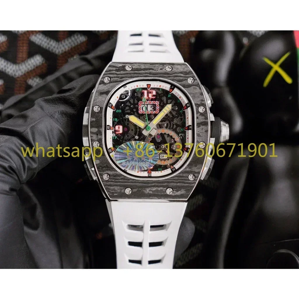 Luxury New Mens Automatic Mechanical Watch Black Red Rubber Carbon Fiber Sport Watches