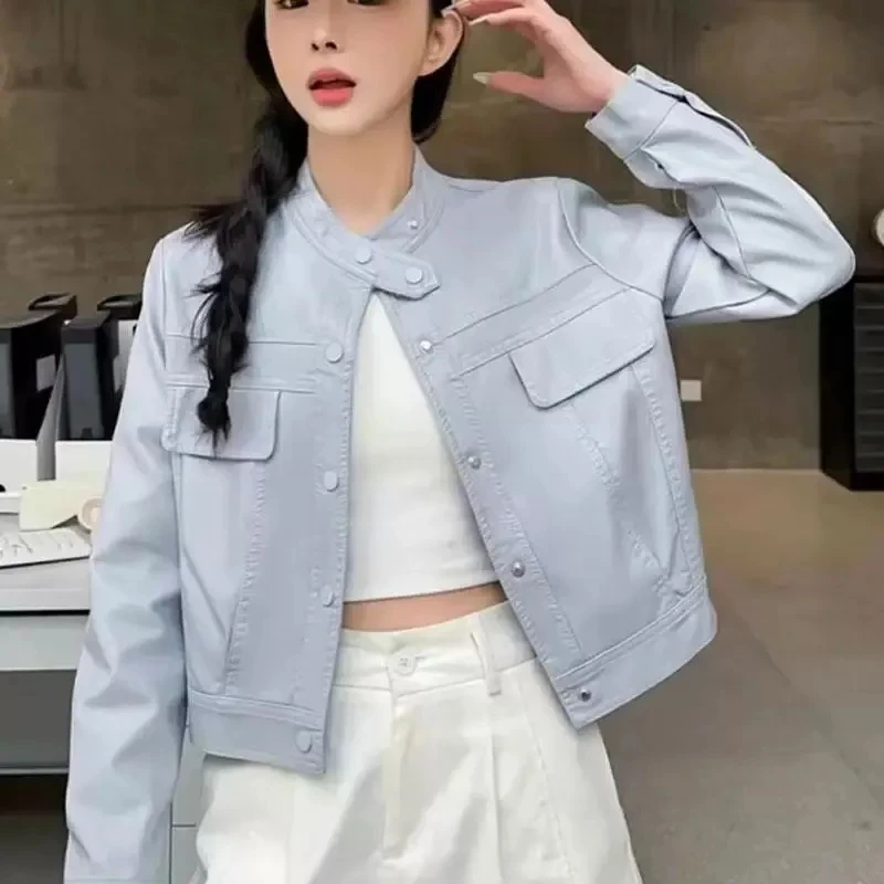 Vintage Short PU Leather Jacket Women Spring Autumn Stand-up Collar Long Sleeve Outerwear Casual Loose Motorcycle Leather Coat