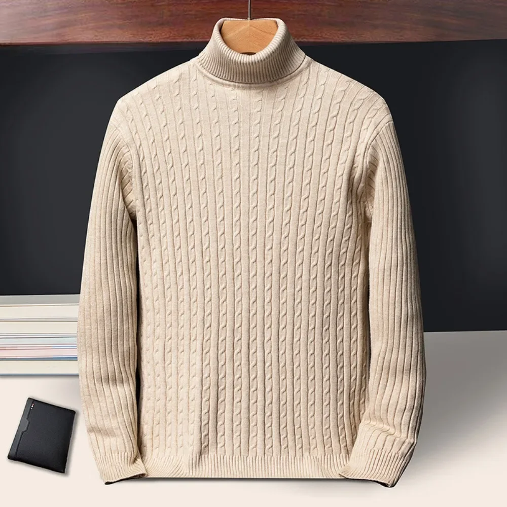 New Men\'s Turtleneck Sweaters Autumn Knitted Striped Streetwear Warm Long Sleeved Pullover Solid Color Basic Style Casual Tops