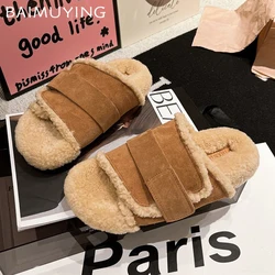 Suede Fur Women Slippers Flats Platform Cotton Shoes Autumn 2024 New Trend Casual Plush Boots Thick Woman Slingback Flip-flops