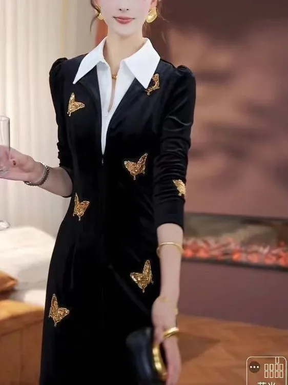 

Длинное женское платье Ele Velvet Dr с воротником-стойкой и золотой вышивкой, модное повседневное, цвет Blo Faionable