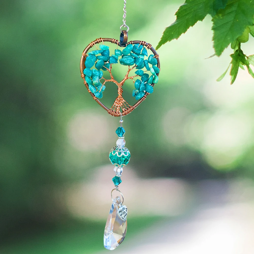 

Mascot Charm Tree of Life Turquoise Quartz Energy Stone Love Heart Clear Crystal Pendant Suncatcher Chakra Healing Hanging Decor