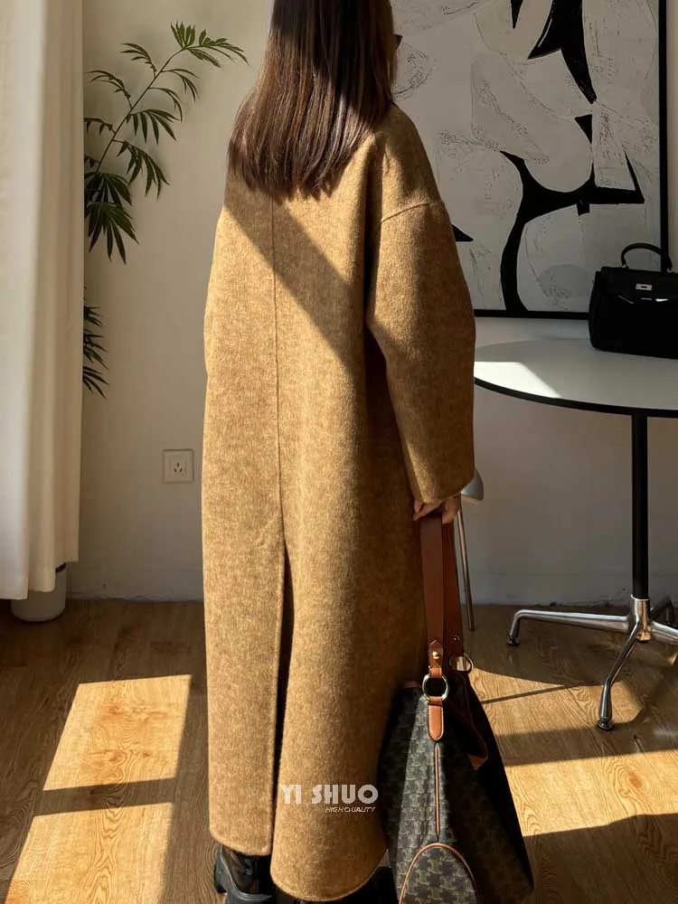 Autumn Winter New Korean High-end Dark Gray Standing Collar Double-sided Wool Coat Casual Long Coffee Woolen Coat for Women