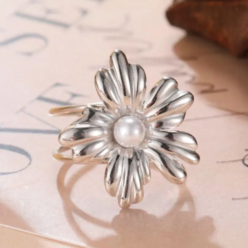 Unift Big Bloom Flower Open Rings for Women  Stainless Steel Gold Color Adjustable Finger Ring Party Wedding Jewelry Gift