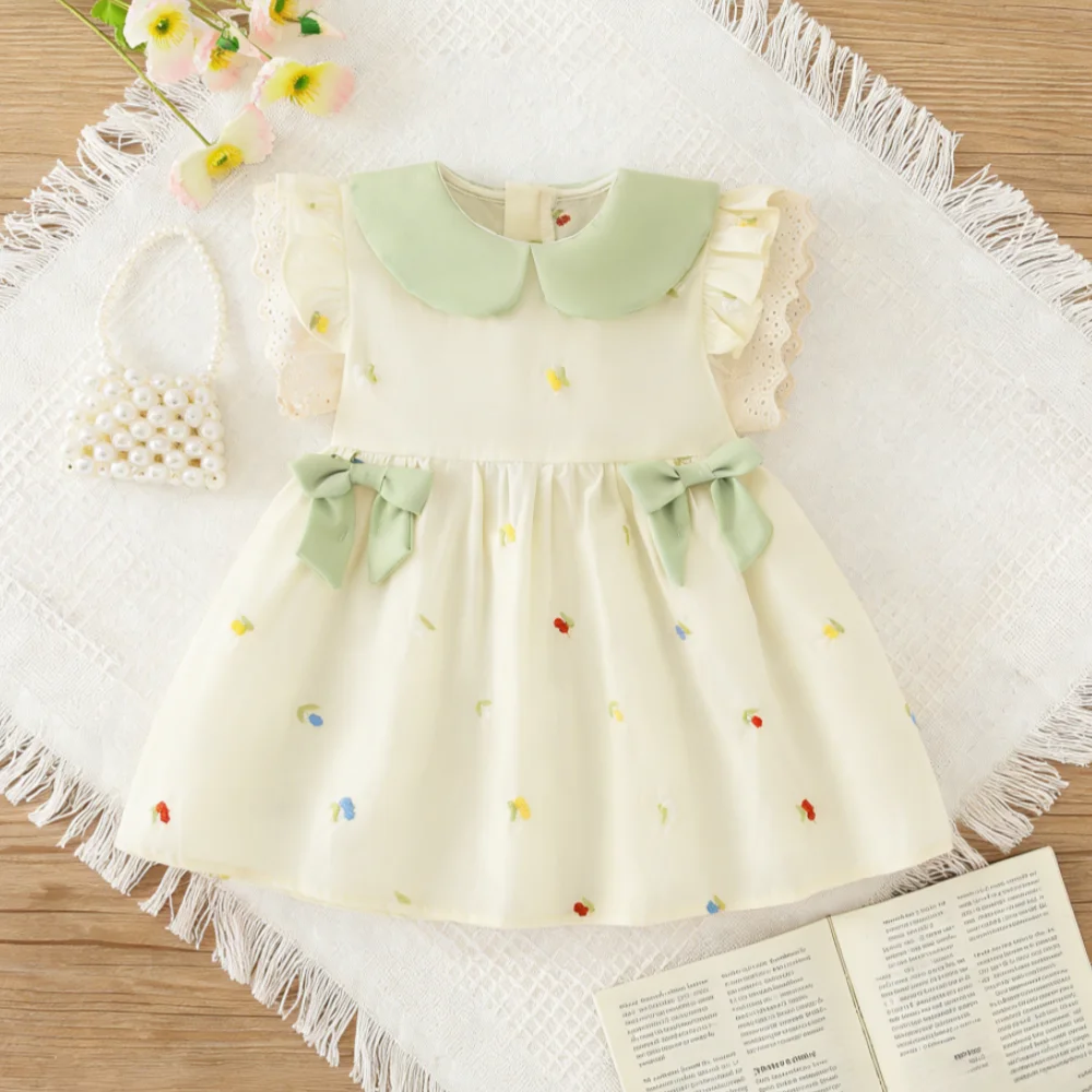 

Платье для девочек, летнее платье с цветочным бантом и маленькими развевающимися рукавами, платье для младенцев и малышей, очаровательное платье принцессы для малышей, ткань для маленьких девочек