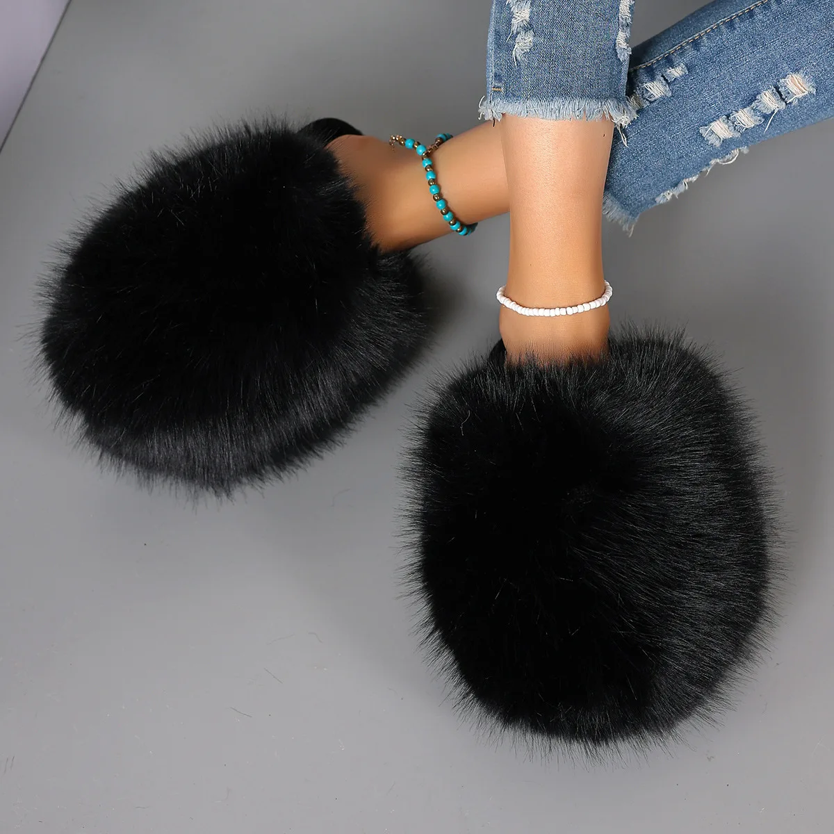 Faux Fur Fluffy Slippers For Women Indoor Street Slides Solid Color Warm Plush Girls Fashion House Shoes Anti-slip Big Size 42 - Image 2