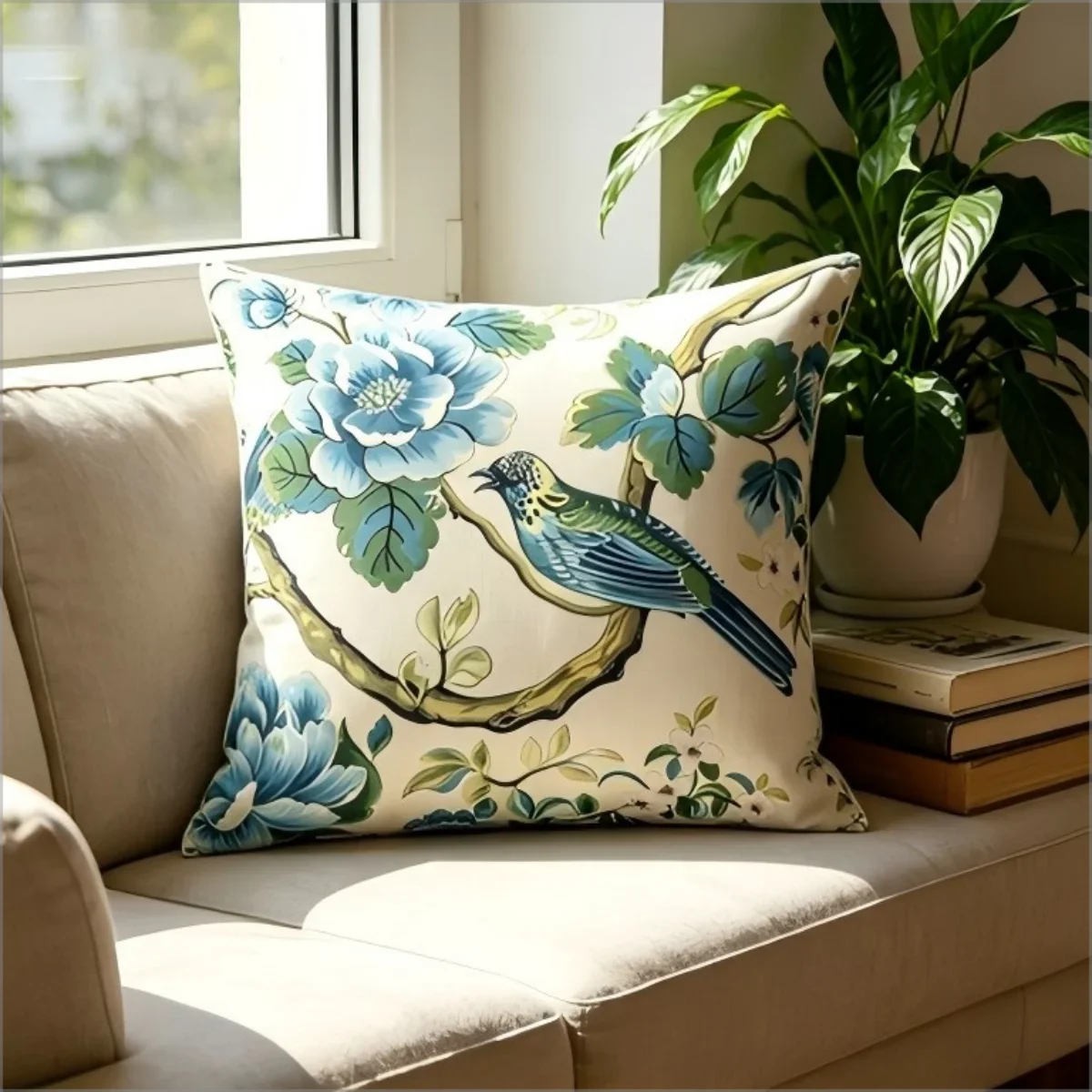 1Pc Vintage Floral Bird Cushion Cover Cream Blue Green Print Pillowcase For Living Room Sofa Chair Decorative Throw Case