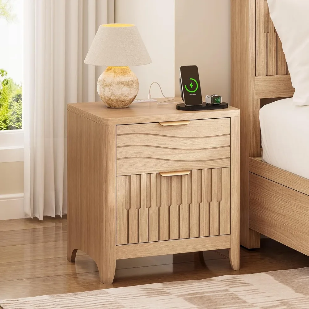 

Прикроватная тумбочка с рифленой отделкой и зарядной станцией, современный прикроватный столик с 2 выдвижными ящиками, изогнутыми углами и металлическими ручками, на заказ