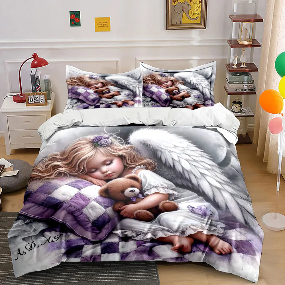 Dreamy Angel Kids Quilt Print Bedding Set 1 Duvet Cover 2 Pillowcases for Adult and Children Luxury Gift Full Size