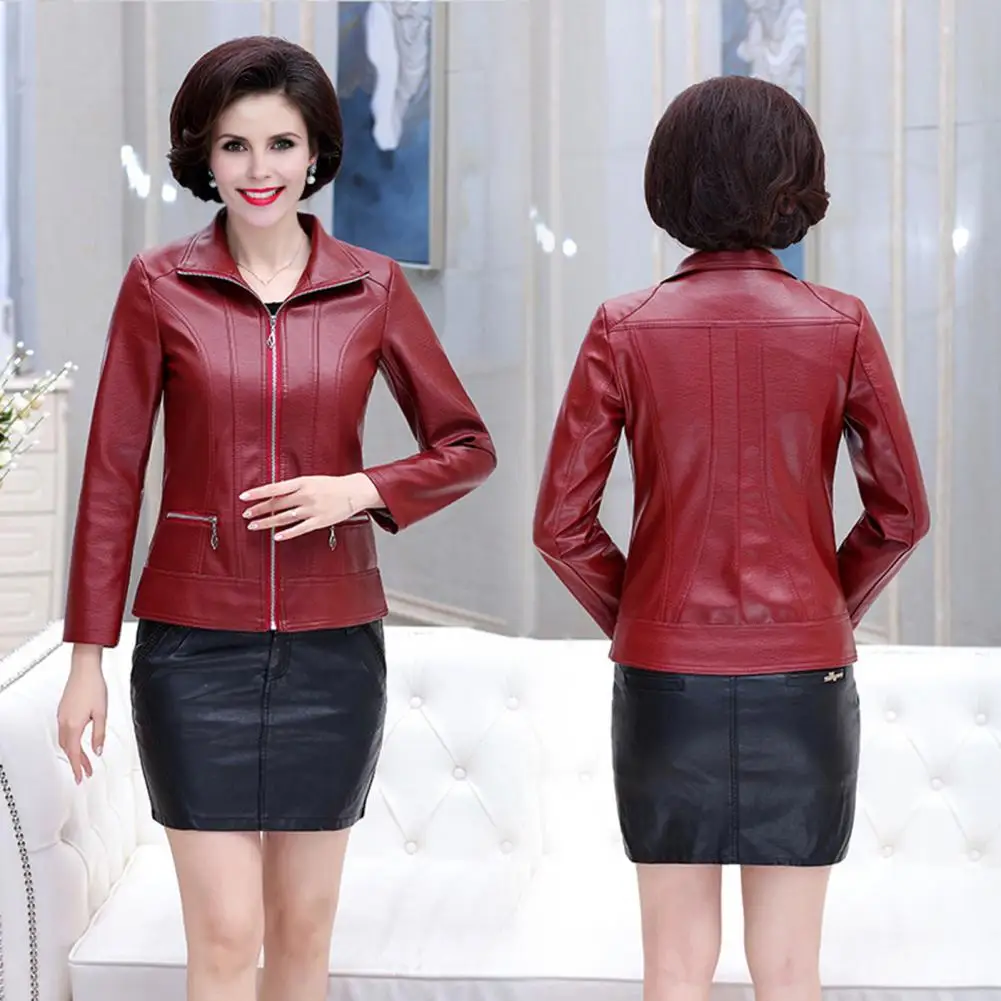 Fake Leather Jacket Stylish Mid-aged Women's Faux Leather Motorcycle Jacket with Zipper Pockets Plus Size Retro for Travel