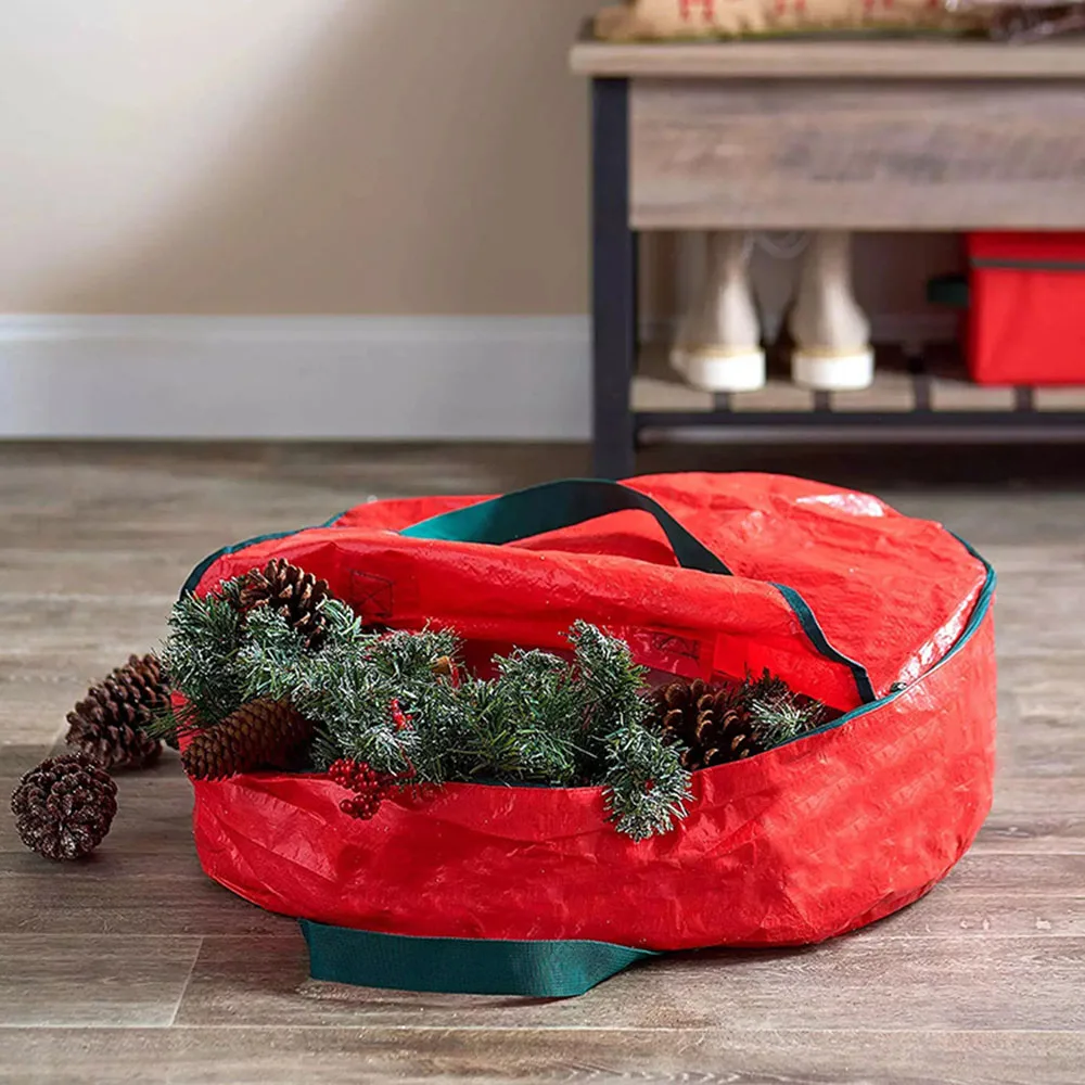 Large Capacity Round Christmas Wreath Storage Bag With Handle Wear-resistant Waterproof Festive Garland Handbag Wreath Storage