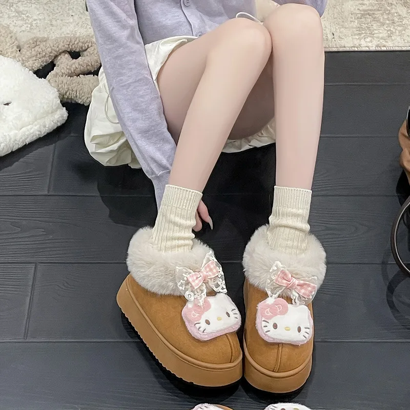 أحذية أطفال كاجوال أحذية الثلوج القطن مرحبا كيتي الشتاء أحذية مسطحة القاع للأطفال الدفء المضادة للانزلاق الوردي البني حجم 35-40
