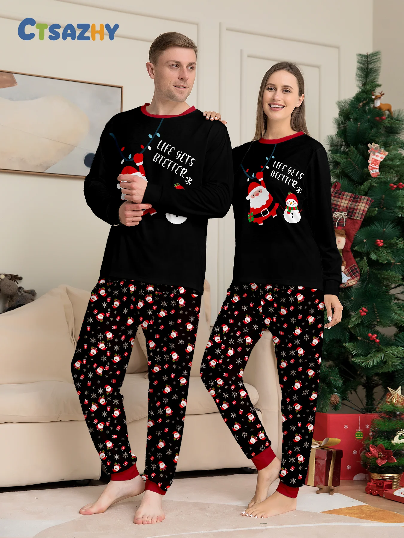 

Christmas Couple Pajamas Set: 'LIFE GETS BETTER' Santa & Snowman Print Tops, Festive Patterned Pants