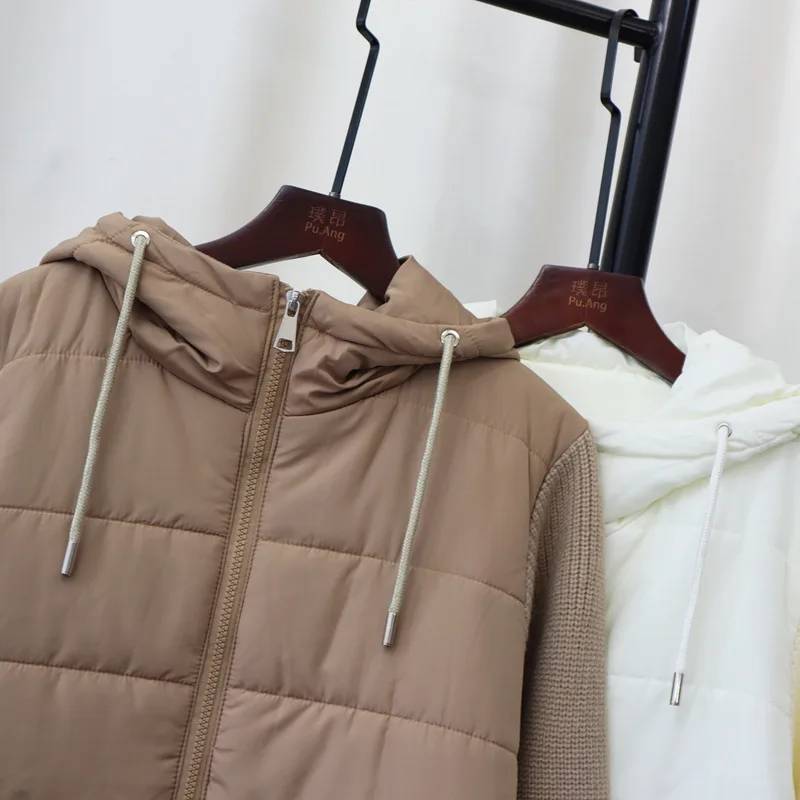 Women Knitted Parka Jackets Hooded Short Coats Casual Jackets White Long Sleeves Zipper Drawstring Hem Loose Elegant 2025 Winter