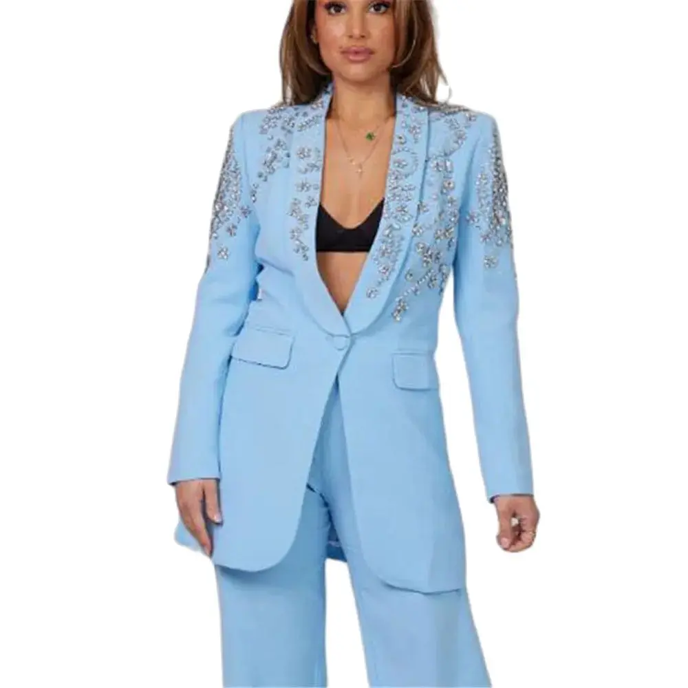 Costumes bleus perlés de cristal pour femmes, blazer à revers transparent, pantalon de luxe, veste à simple boutonnage, robe de soirée formelle, diamants, 2 pièces