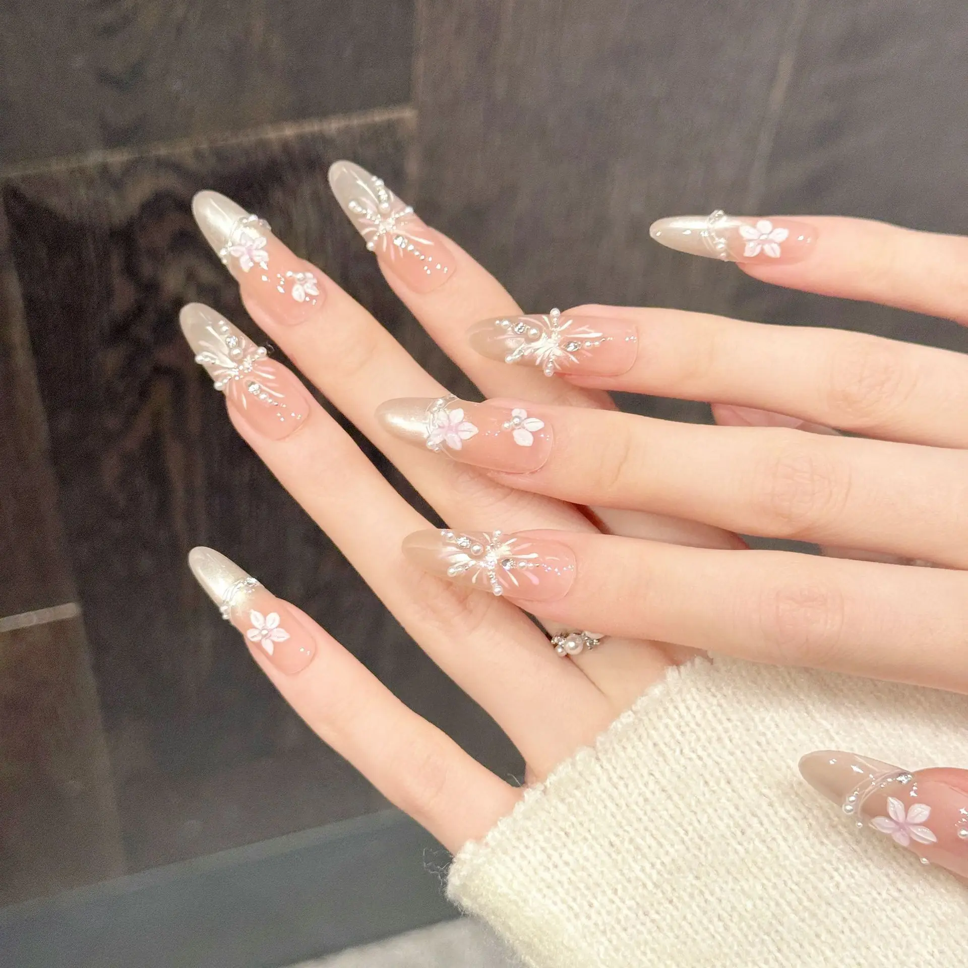 10 Stuks Handgemaakte Druk Op Nagels Lange Ovale Oranje Kersenbloesem Ontwerp Nep Nagels Met 4-DUKS Tool Lijm nagel Lijm Tabs