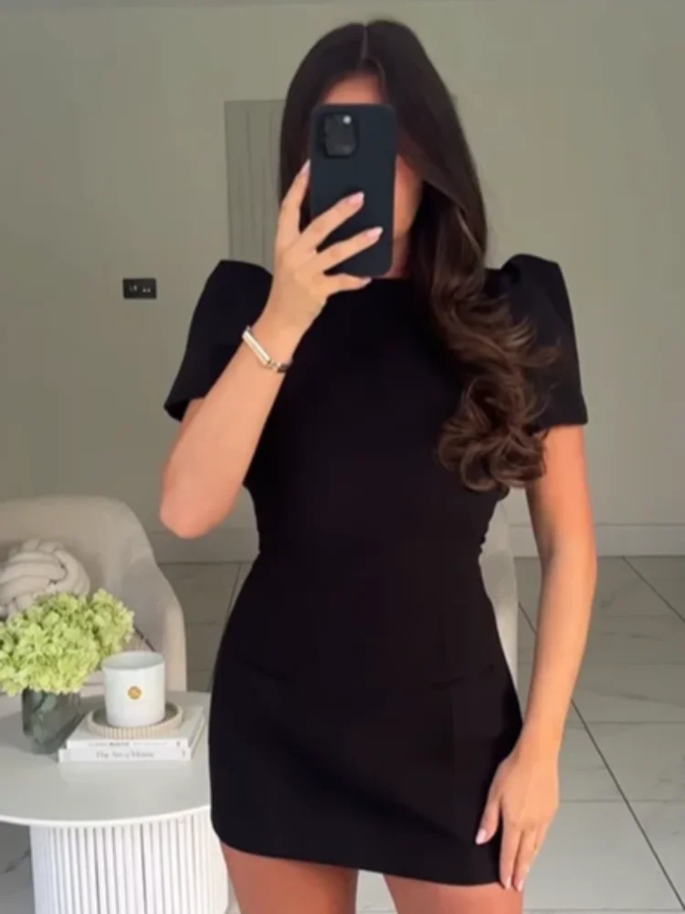 الصلبة الياقة المستديرة فستان قصير المرأة عادية شيك كم قصير الخصر Cinching فساتين موضة 2025 سيدة التنقل اليومي مكتب العباءات #6