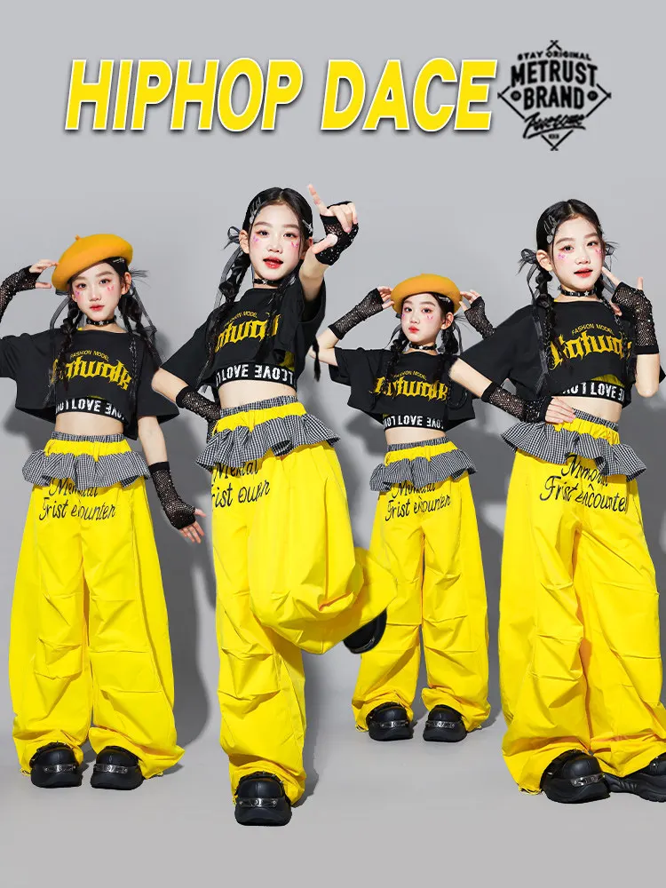 Teen Girls Jazz Hip Hop Dance Clothes Summer Short Sleeves Crop Tops Brown Cargo Pants Modern Dance Practice Performance Outfit