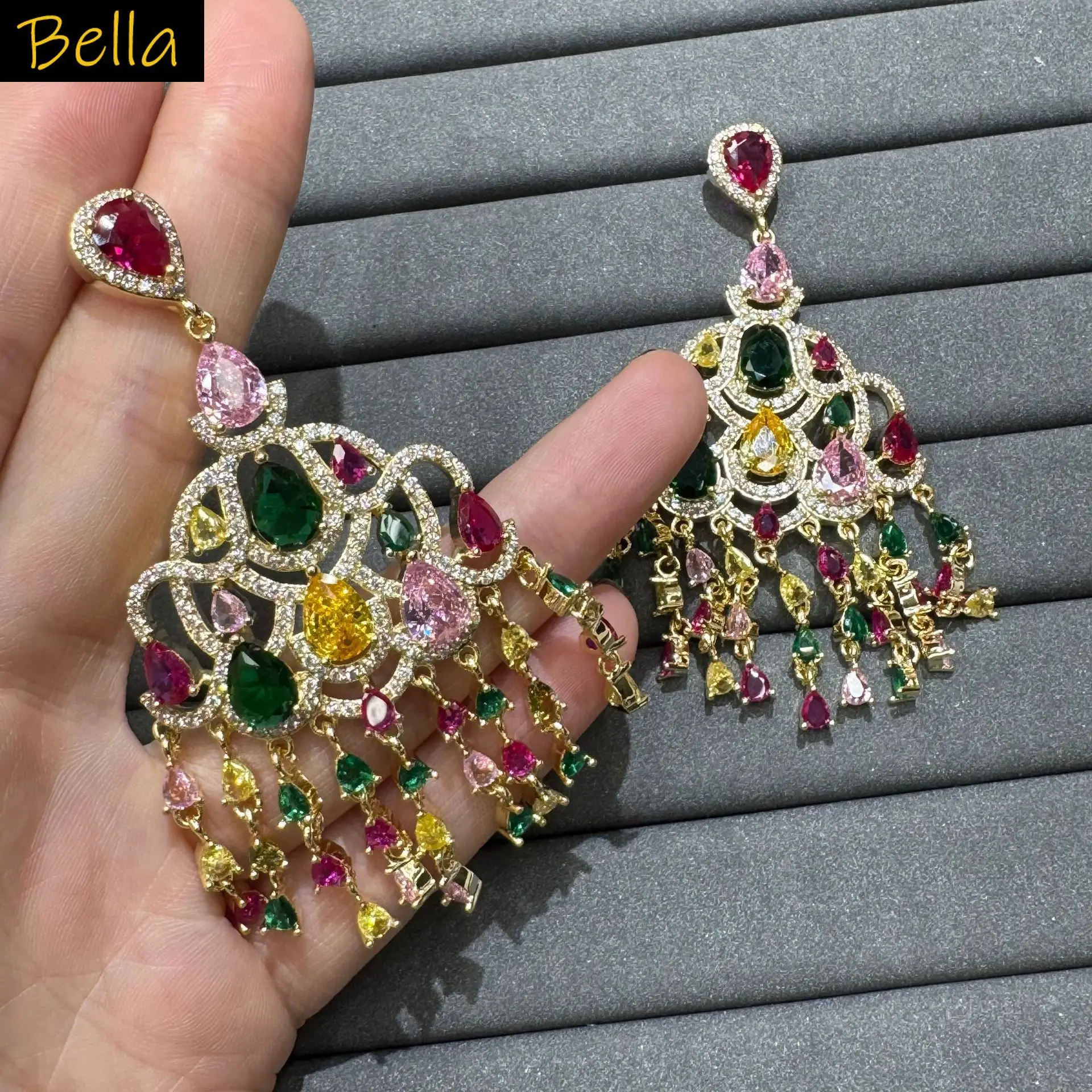 Ornate Cubic Zirconia Earrings for Women Multicolor Blue Purple Yellow Tassel Chandelier Earrings Wedding Party Anniversary