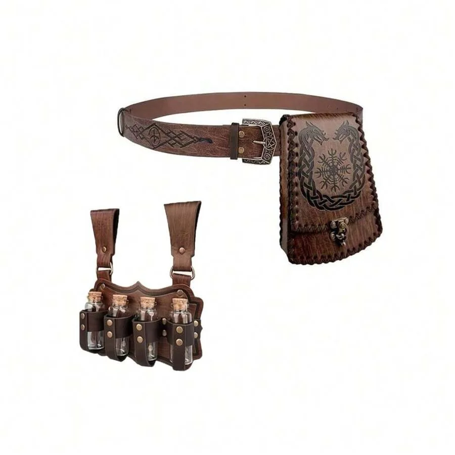 Conjunto de Cinto e Bolsa de Cintura Ajustáveis em PU Estilo Viking Medieval, Acessórios de Cowboy Ocidental, Frascos de Poção de Alquimia, Adereços para Festa e Cosplay