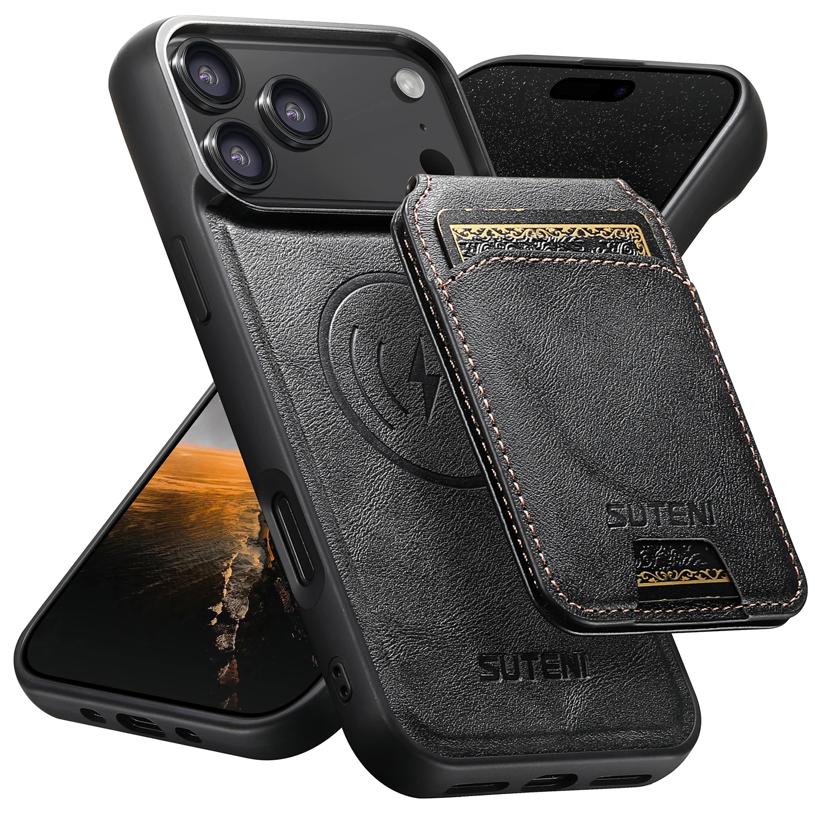 

SUTENI Wireless Charging Magnet Faux Leather Phone Case Card Holder Stand Wallet 2-in-1 For iPhone 17 Pro Max 16 15 14 13 12